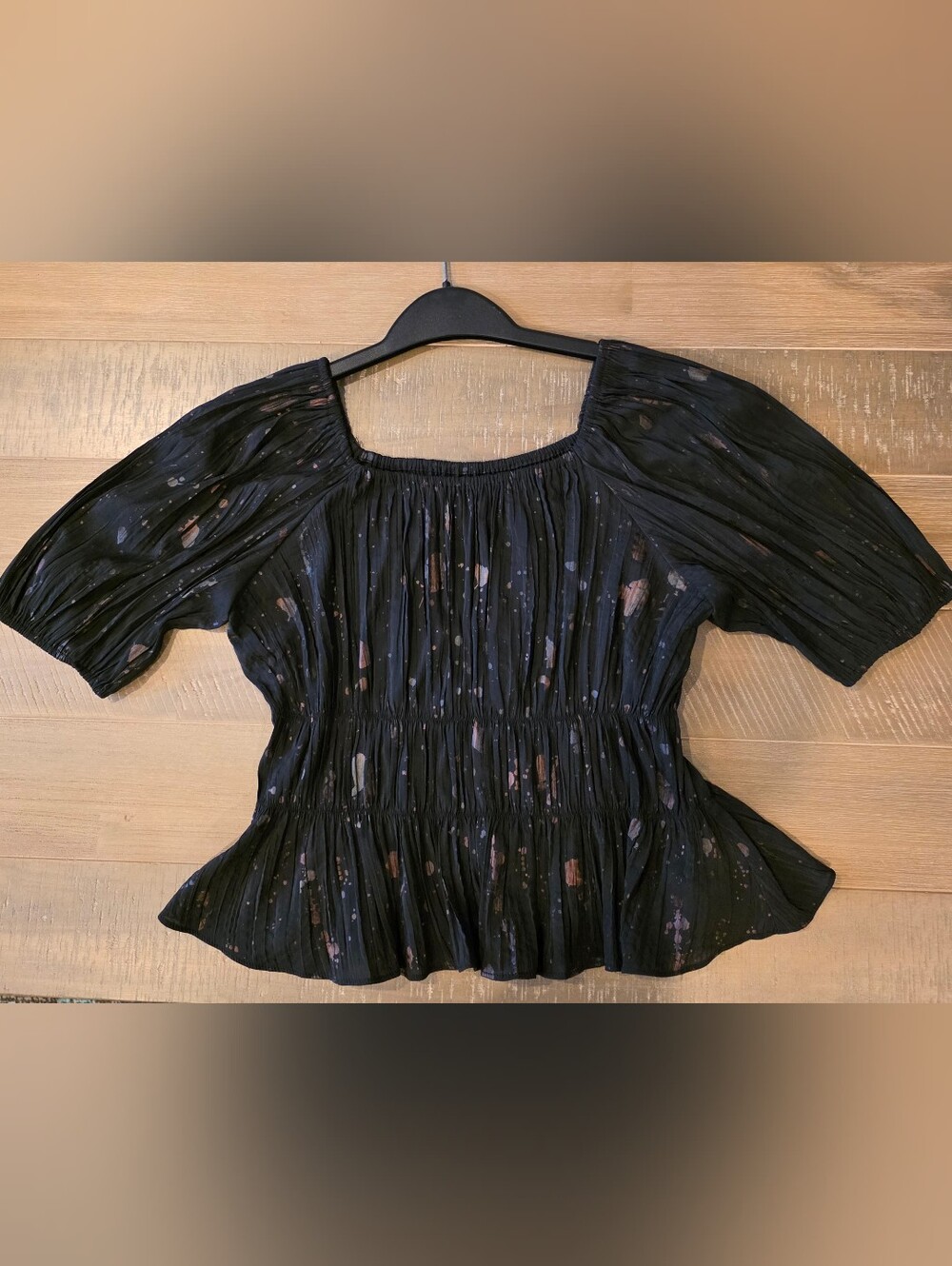 Black Smocked Peasant Top with Subtle Splatter Detail